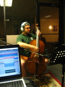 Brooks recording some pizzicato cello parts.