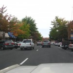 Driving through the bustling downtown of Bend.
